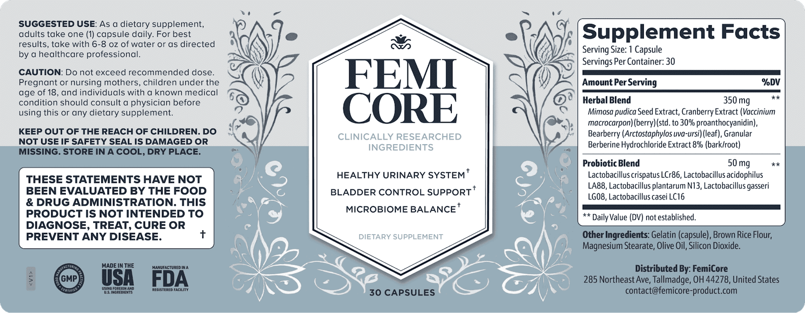 FemiCore Ingredient Label